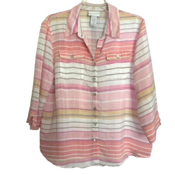 Alfred Dunner Pastel Stripe 3/4 Sleeve Button Down V Neck Woman's Blouse M #BD - Picture 1 of 6